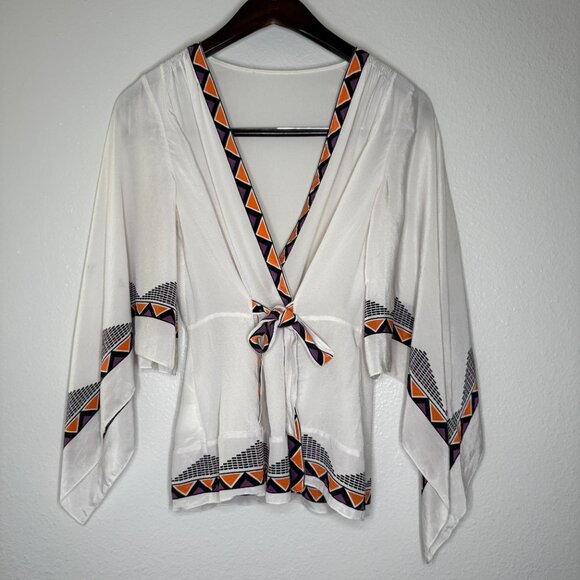 Vintage Y2K 00S BCBG White Sheer Bohemian Hippie Silk Kimono Wrap Top XS/S - Picture 3 of 10